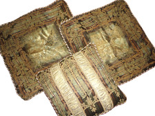 CROSCILL TAN GOLD TEAL DAMASK STRIPE FLEUR 3PC EURO PILLOW SHAMS PILLOW SET