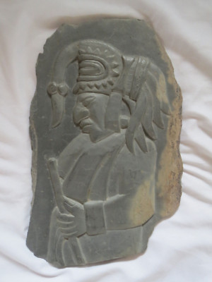 Mayan style BELIZIAN Heavy  Stone  Hand Carved PLAQUE man with flute 9'' x 6''