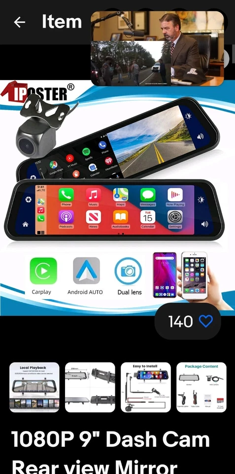 9.66" Rear View Mirror Front & Rear Dash Cam,Security, Side Cam. Easy To Install - Image 2 of 4