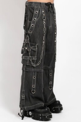 Unisex Goth Cargo Pant with Chains & Strap Denim Punk Emo Wide-Leg