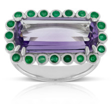 Fancy Cushion Shape Clear Purple Amethyst With Green Emerlad Halo Handmade Ring