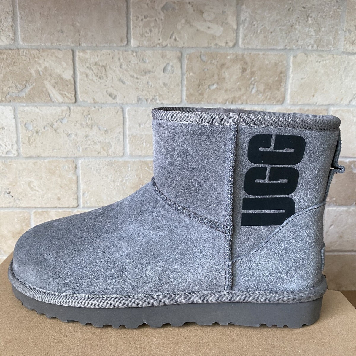 UGG Classic Mini Rubber Logo Grey Gray Suede Sheepskin Ankle Boots