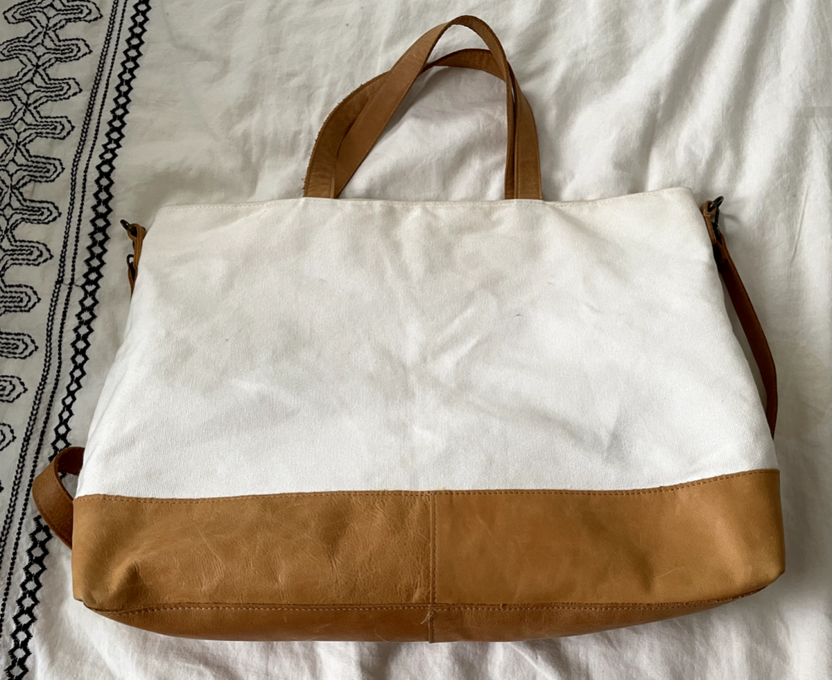 HEARTH HAND Magnolia Ivory/Tan Leather Large Convertible Tote