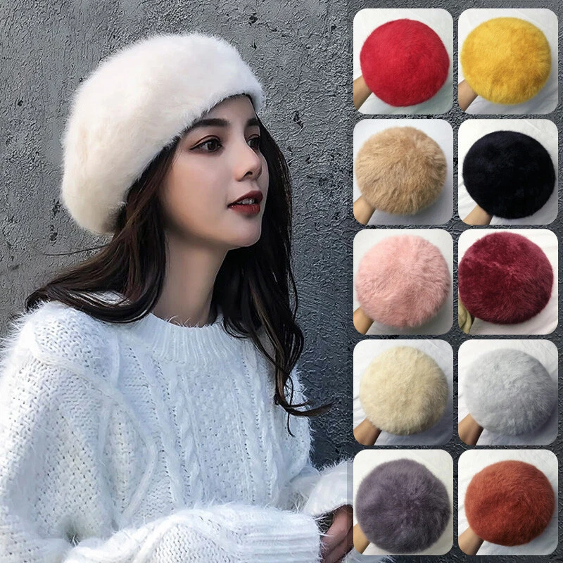 Women Beret Hat Faux Fur Fluffy Solid Soft Warm Autumn Winter