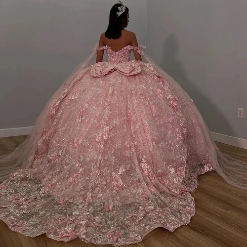 Quinceanera Dresses Shimmering Pink Crystal Ball Gown Beaded Sweet 16 3D Flower - Picture 3 of 6