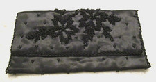 Vintage JEM Hong Kong Handmade Black Beaded Small Make Up Bag Evening Clutch