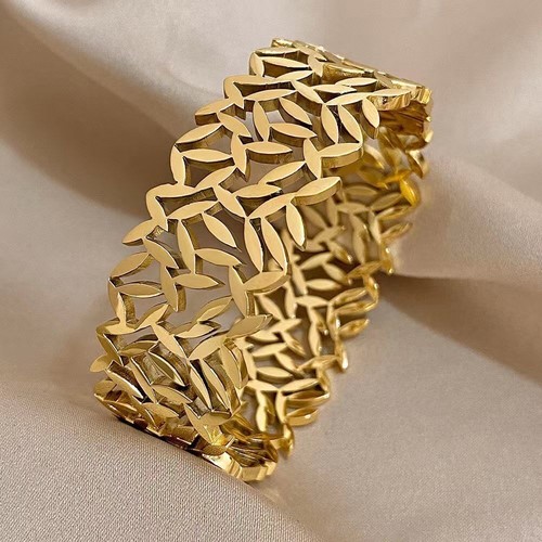 20mm Wide Woman 18k Gold Plated Hollow Leaf Cuff Bracelet Bangle - 第 3/7 張圖片