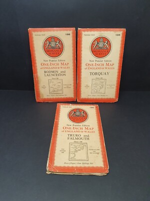 3x Vintage Ordnance Survey New Popular Edition National Grid Maps, Sheet 186,190