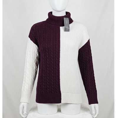 French Connection Burgundy/White Colorblock Cable Knit Turtleneck Sweater L 