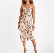 Express Satin Printed V-Neck Midi Downtown Cami Slip Dress Women's M Cream NWT 