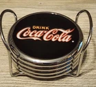 Coca-Cola Round Metal Coasters Set of 4 Black Drink Caddy Chrome Holder