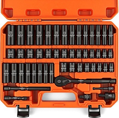 3/8'' Drive Impact Socket Set, 50-Piece Standard SAE (5/16 to 3/4 Inch) and Metri