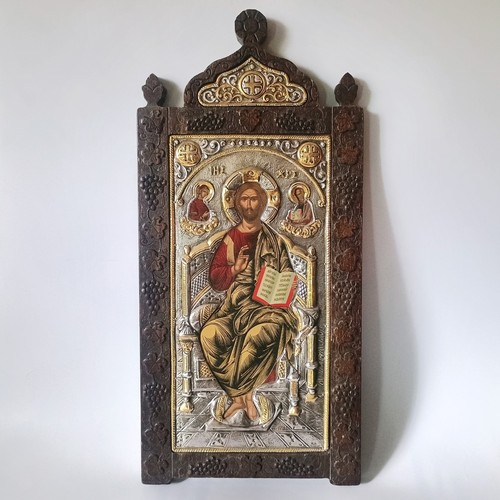 Vintage Byzantine Icon of Christ Pantocrator Enthroned w/ 950 Silver Riza 17"x8"