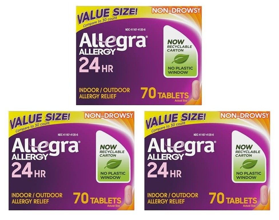 Pack 3 Allegra 24-hour Indoor and Outdoor Allergy Relief 180 mg 70 Tablets 04/26