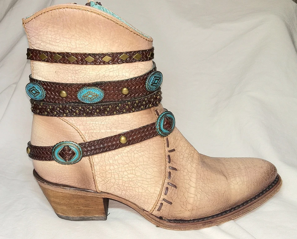 Botas de tornozelo femininas CORRAL couro marrom arnês turquesa TAMANHO 7,5 M - Imagem 2 de 4