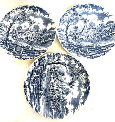 3 Royal Wessex England Blue Cottage Carriage Coach Horses Scene Saucers