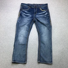 Platini Jeans Men's 38x30 Blue Bootcut Dark Wash Faded Embroidered Pocket Work