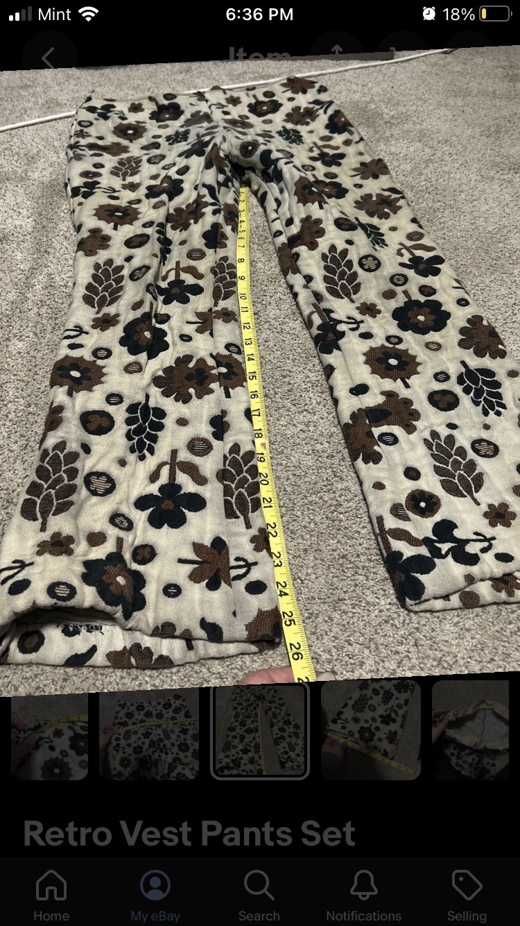 2pc Vest Pants suit Set Womens S Brown Tapestry bell bottom 70s Floral Vtg daisy