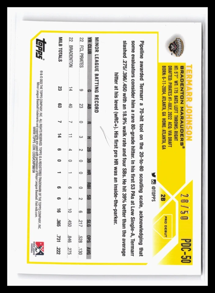 2023 Topps Pro Debut Chrome Gold #PDC-50 Termarr Johnson #/50 Marauders RC SP JA - Image 2 of 2