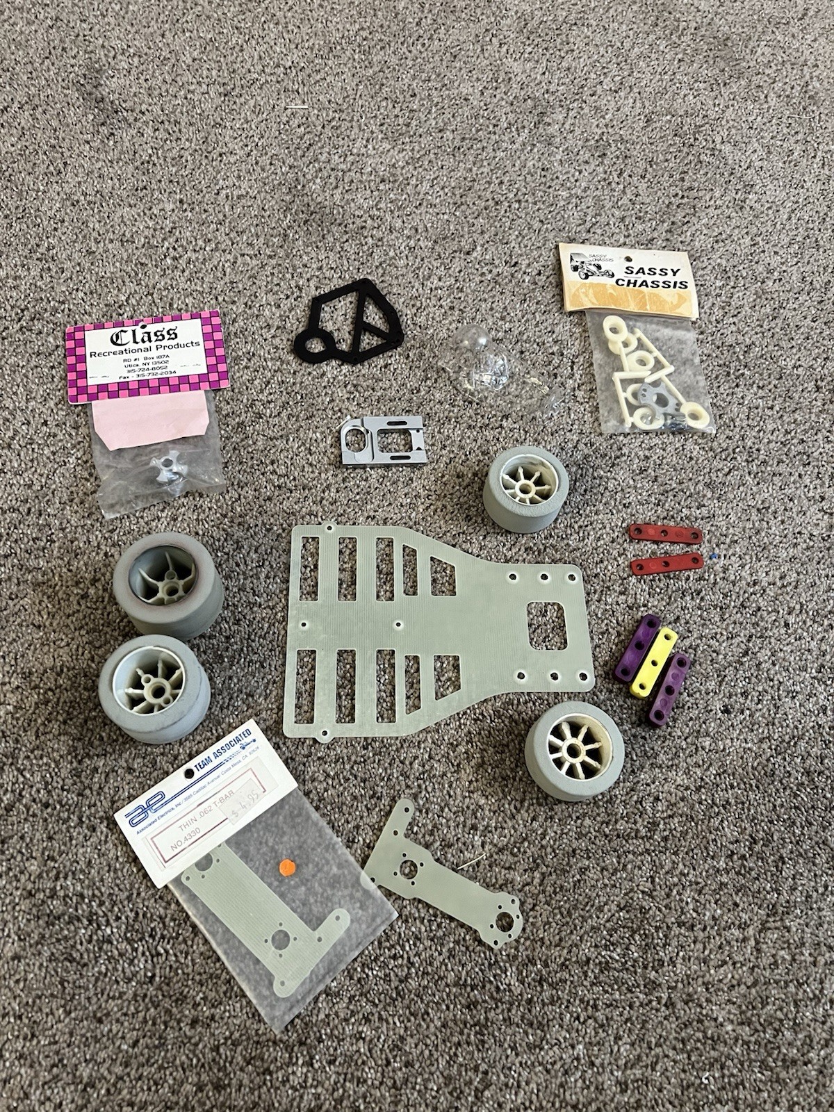 Team Associated RC12 1/12 Fiberglass Chassis Vintage & Grey Wheels & Parts Lot!