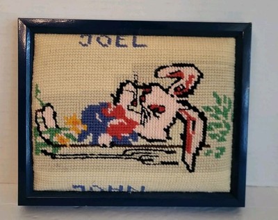 Vintage 1970s Needlepoint Bunny Rabbit Handmade Wood Framed W/ Names Joel John