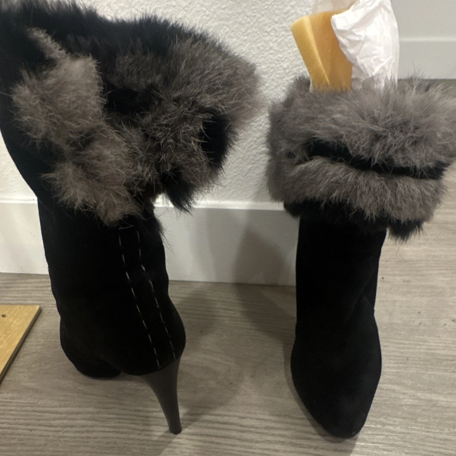 Baldinini Women's Black natural Suede Fur Trim Mid-Calf Stiletto Pull-On EU 38 - product detail image 4