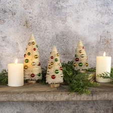 Set 3 Ragon House VTG Style Bottlebrush Tree CREAM SNOWY TREES W/  Ornament