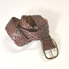 Womens Brown Braided Woven Leather Belt Large Brass Buckle Boho Western Classic