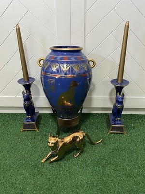 VTG Lot Franklin Mint Egyptian Gold Vase of Bast Candlesticks Cleopatra Cat