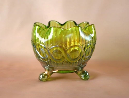 LOVELY~Vintage Northwood Green Carnival Glass Beaded Cable Rose Bowl~Excellent