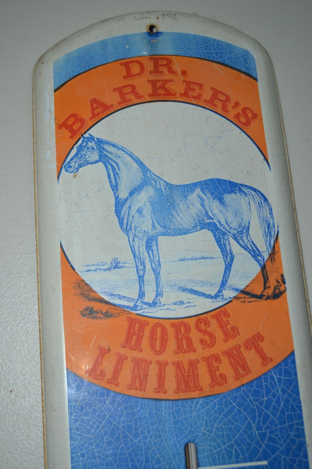 Vintage 1950s Dr.Barker's Horse Liniment Farm Gas Oil Thermometer Sign