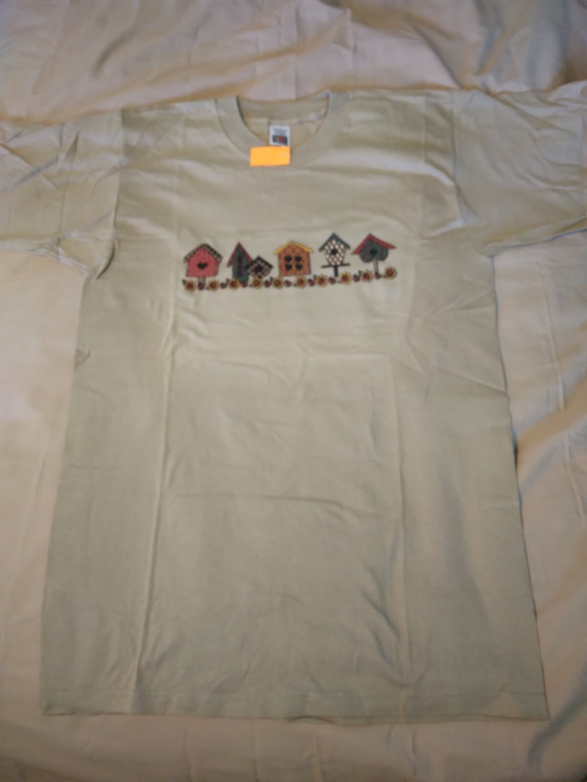 T shirt adulto M marrone chiaro con case fila di uccellini stampa 203622