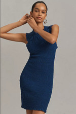 By Anthropologie Mock-Neck Textured Dress Smocked Ruched Ruffle Blue Mini New L