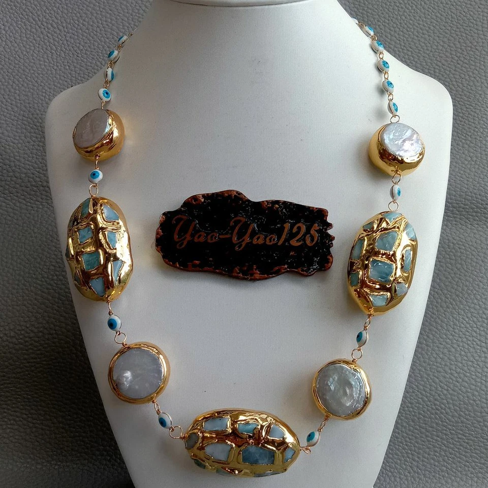 21" White Coin Pearl Blue Larimar Gold Plated Enamel Evil Eyey Chain Necklace Foto 2 de 4