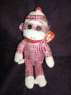 Ty Beanie ~ SOCK MONKEY ~ 9'' tall ~ PINK SPARKLE~ MWMT~ '14 ~ Retired ~ HTF