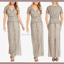 NWT $329 Adrianna Papell Art Deco Beaded V-Neck Gown in Platinum [SZ 0 ] #G727