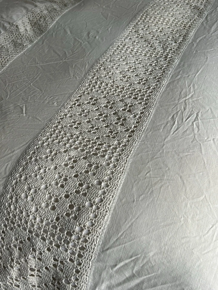 "Mesa o colcha de lino de encaje de algodón de ganchillo de colección blanco crudo 84""x122""" Foto 2 de 4