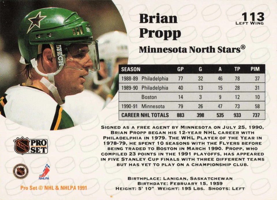 1991-92 Pro Set Hockey Brian Propp Minnesota North Stars #113 - Image 2 of 2