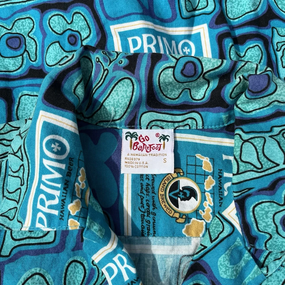 Camisa hawaiana vintage años 90 Go Barefoot Primo cerveza abotonada talla S Foto 3 de 3