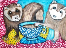 FERRET Drinking Coffee Folk Art Print 8.5 x 11 Signed by Artist KSams