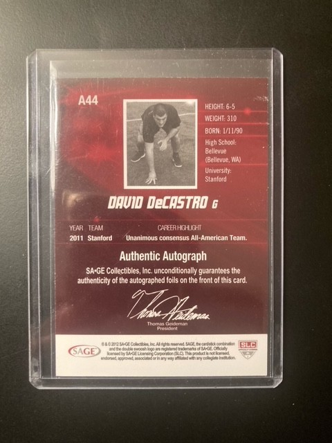 Miranda Otsuji DiCE サイン入り 2012 Sage Hit David DeCastro Gold Auto /250 Rookie RC #A44