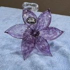 Vintage Hand-blown Murano Art Glass Flower W/Curled Stem Purple Clear Glitter