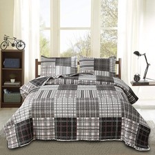 Bedspread Set Queen/Full Size Quilt Set Plaid Bed Spread Coverlet Black White