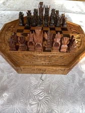 Vintage Chinese Asian Hand Carved Wooden Chess Pieces Complete Set 3.5 Inch King