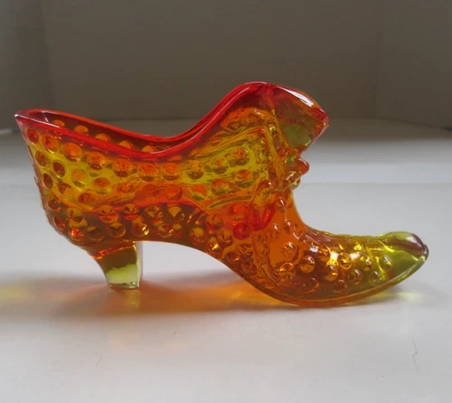 Fenton Amberina Orange Daisy and Button Glass Shoe with Cat Head