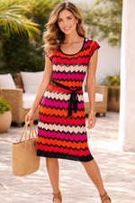 Ros & Ali Multicolor Zigzag Knit Dress Size S/M | Sleeveless Belted Midi Boho