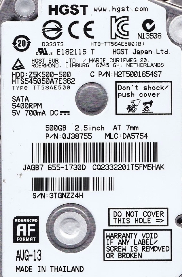 HTS545050A7E362 pn: 0J38755 mlc: DA5754 AUG-13 500GB 2.5 SATA GENUINE HGST-Apple - Image 3 of 4
