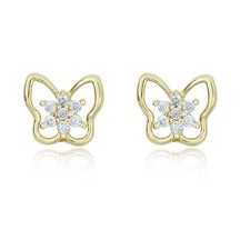 AVORA 14K Yellow Gold Cubic Zirconia CZ Open Butterfly and Flower Stud Earrings