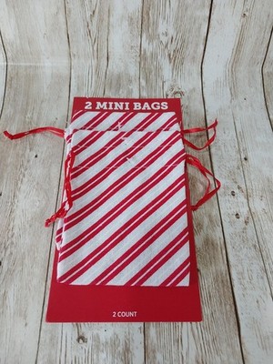 New 2 Mini Candy Cane Striped Fabric Drawstring Gift Bag Christmas Holiday Gift 