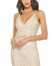 NEW Mac Duggal 5374 LATTICE PATTERN BEADED GOWN Nude Size 0 Wedding Prom Formal